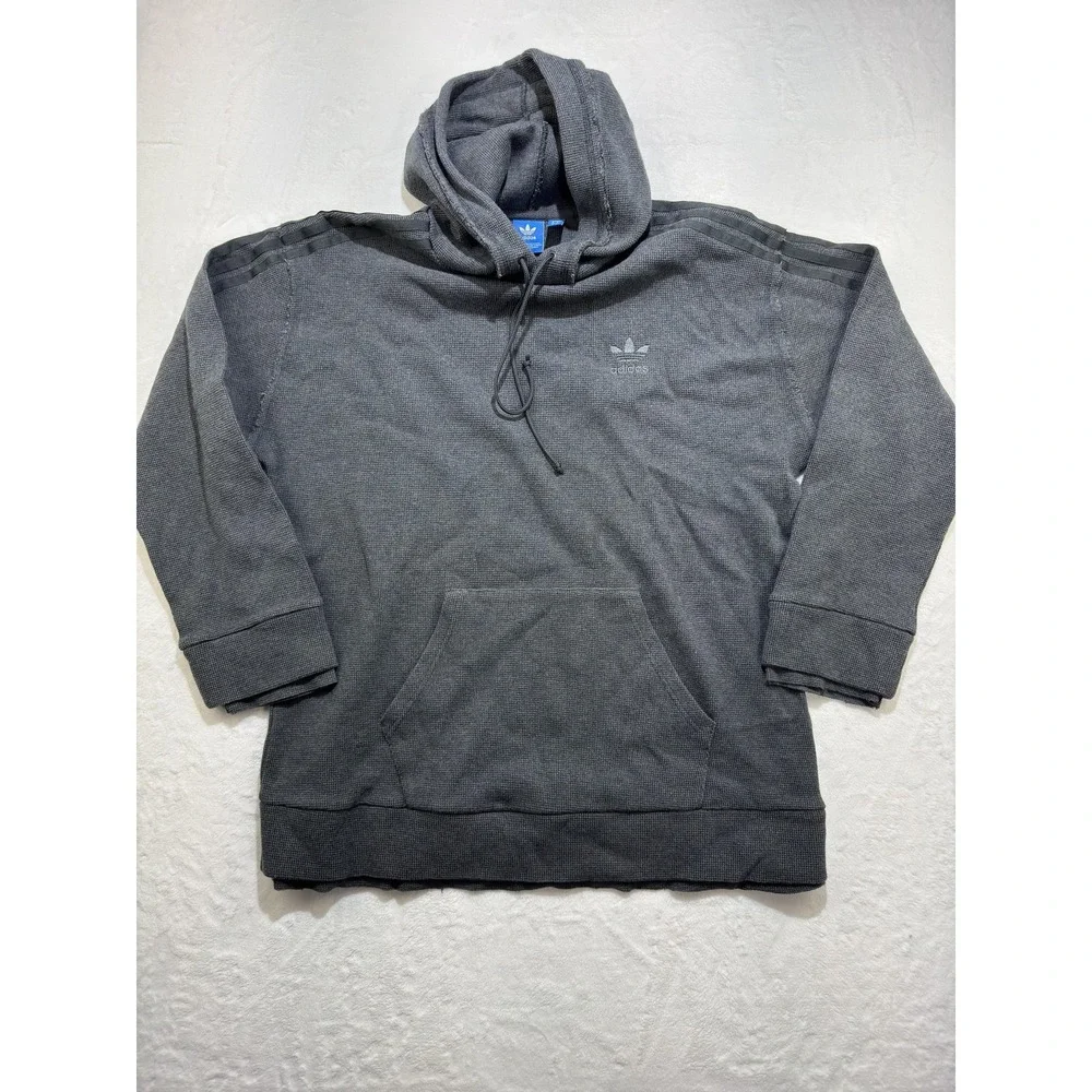 Adidas Originals Hoodie Mens Large Gray Waffle Knit 3 Stripes Trefoil‎ Pullover